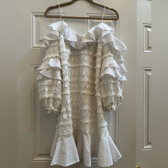 Alexis off-the-shoulder white long sleeve ruffle mini dress. Size 0. - Picture 2 of 5